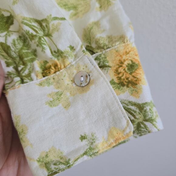 Laura Ashley Linen Blend Yellow Floral Raglan Button Up Shirt Size L Cottagecore - Picture 6 of 9